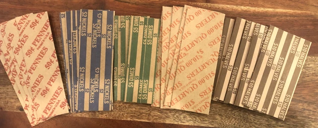 Assorted coin Wrappers 5 @ Halves, Quarters, Dimes, Nickels, Pennies- 25 Total