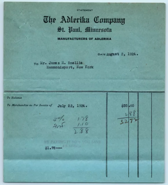 Ephemera BILLHEAD RECEIPT The Adlerika Company St Paul Minnesota 8/2 1924 Laxati