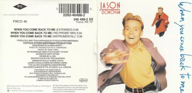 JASON DONOVAN CD-SINGLE WHEN YOU COME BACK TO ME ( 3inch )