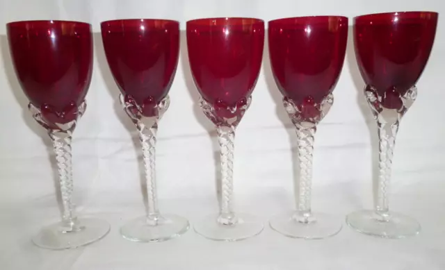 5 RETRO 1960s MID CENTURY BOHEMIA RUBY RED WINE GLASSES - 14.8cm high - vgc