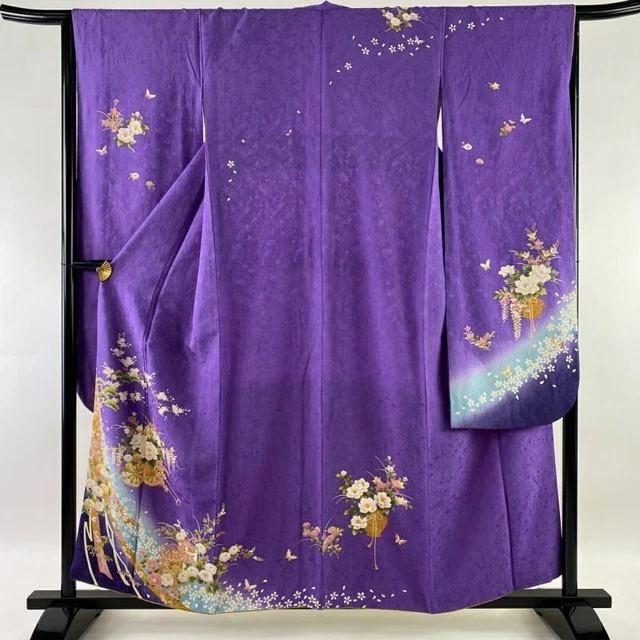 Woman Japanese Kimono Furisode Silk Kaioke Flower Cart Gold Foil Purple