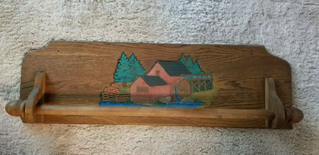 Antique Wooden Handmade Oak Towel Bar with Painted Carved Water Mill Scene