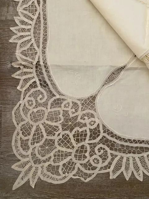 Vintage Large Battenburg Lace Handmade Embroidery Cotton Tablecloth 8 Napkins