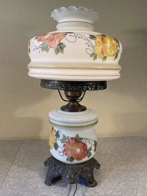 VINTAGE Electric TABLE LAMP GWTW BANQUET Parlor GLASS Flowers Red Yellow