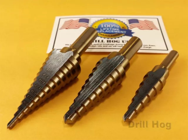 3 Pc Step Drill Bit Set REAMER Step Bit Set UNIBIT Lifetime Warranty Drill Hog®