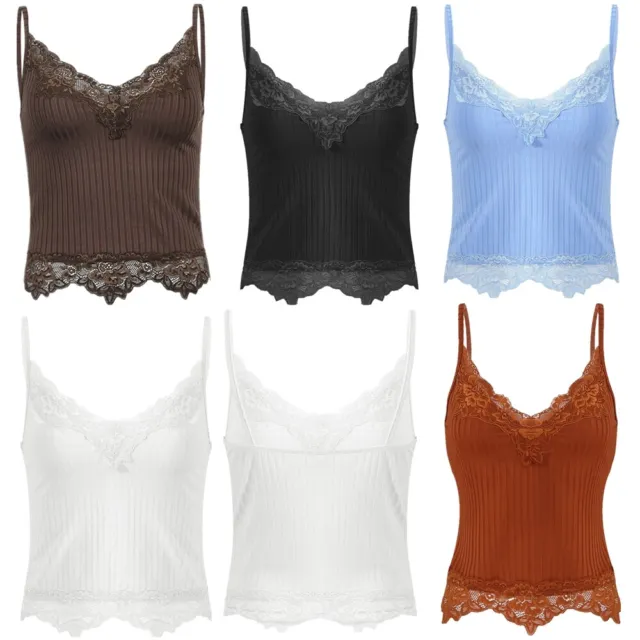 Women's Lace Trim V Neck Camisole Ribbed Spaghetti Strap Crop Cami Tank Top Vest