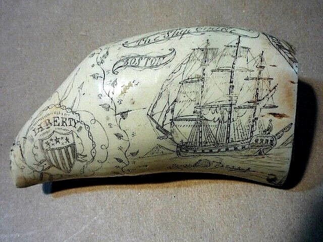Whale tooth scrimshaw replica "SHIP EMILE" Boston. Hunt Scene, Mourning Vase, et