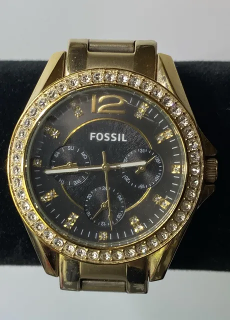 Fossil Riley ES 3384 Gold Bracelet Black Face Swarovski Crystal Dial & Bezel