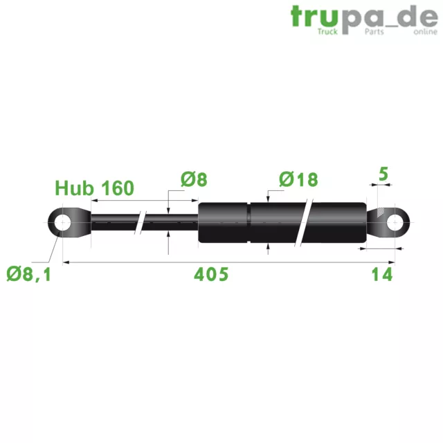 Gasdruckfeder Lift Haubenheber 200N Hub=160 Länge 405/420 Ø 8/18 mm - Made in EU