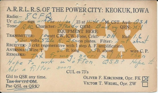 Vintage Ham Radio Qsl Cards 1923  9Bcx  Keokuk, Ia.