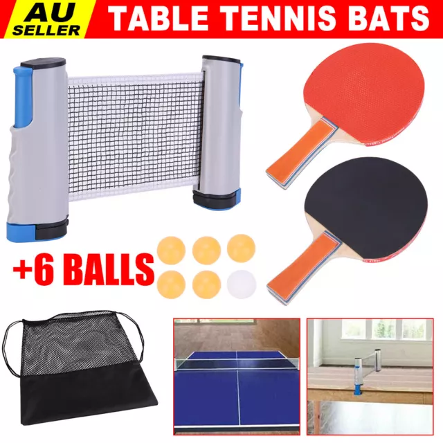 Ping Pong Table Tennis Bats Racket Sport Game Retractable Net Rack 2 Bat 6 Ball