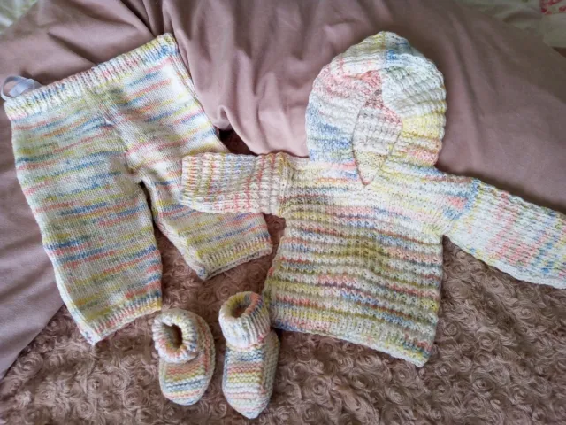 Hand Knitted Baby Trousers, Jumper/Hoodie And Boots set New Born