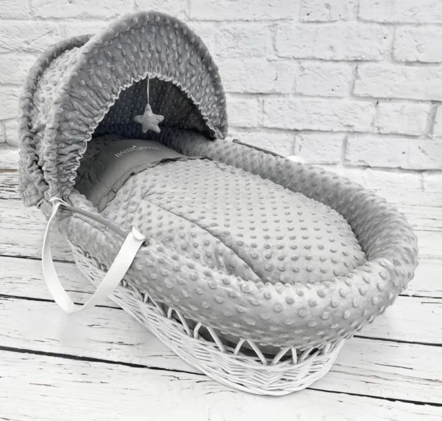 3 Piece bedding set Wicker Moses Basket baby Nursery - Grey Dimple