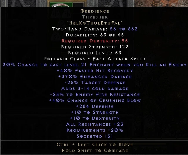 DIABLO 2 RESURRECTED D2R NON-LADDER Obedience Thresher Rune Word $3.50 ...