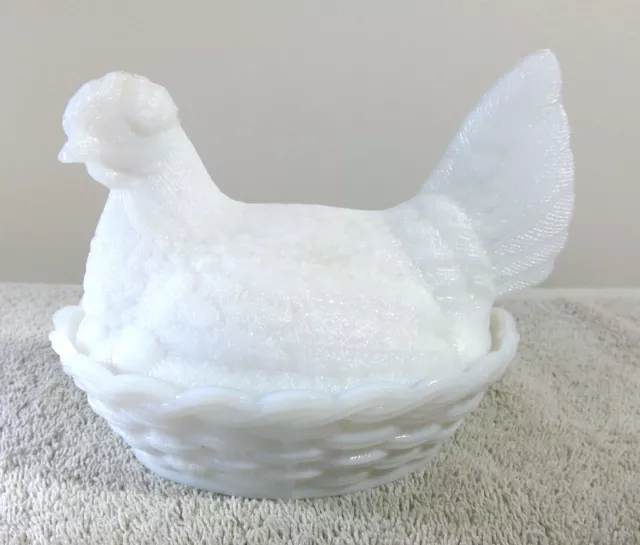 Vintage White Milk Glass Split Tail Hen on Nest Lidded Dish 5.5"T x 6.5"L