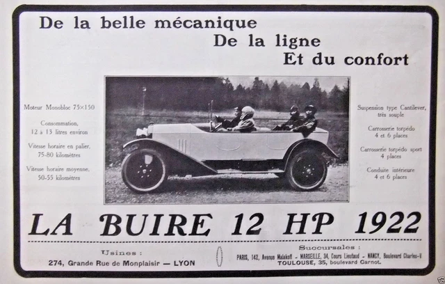1922 Automobile La Buire 12 Hp 1922 Press Advertisement - Sport Torpedo Body
