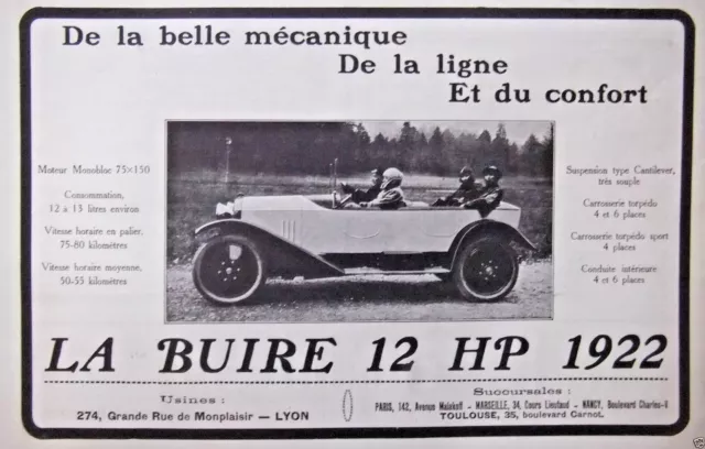 Publicité Presse 1922 Automobile La Buire 12 Cv 1922 - Carrosserie Torpédo Sport
