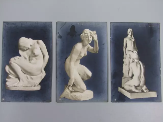 Postcards x3 Nude Antique Marble Art Sculptures, Erotic Nudes, Real Photo -VG