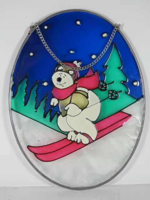 Stained Glass Suncatcher Christmas Window Decoration Polar Bear Skiing B3815