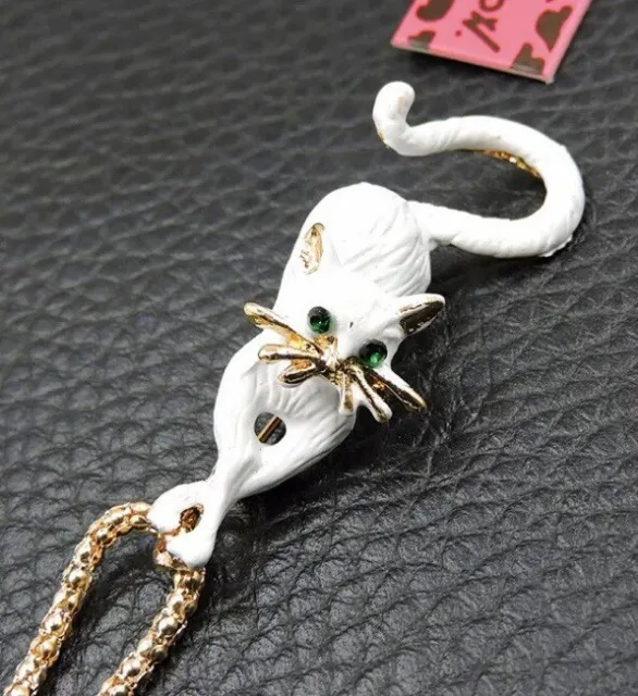 Betsey Johnson White Enamel Crystal Cat Pendant Necklace Brooch NWT
