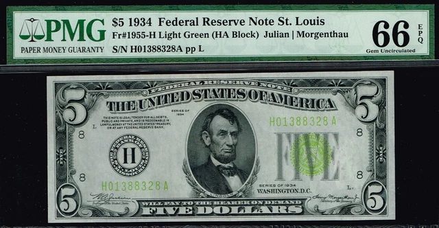 TOP POP LGS NOTE. $5 1934 St. Louis  FRN. Fr. 1955-H. PMG 66 EPQ.