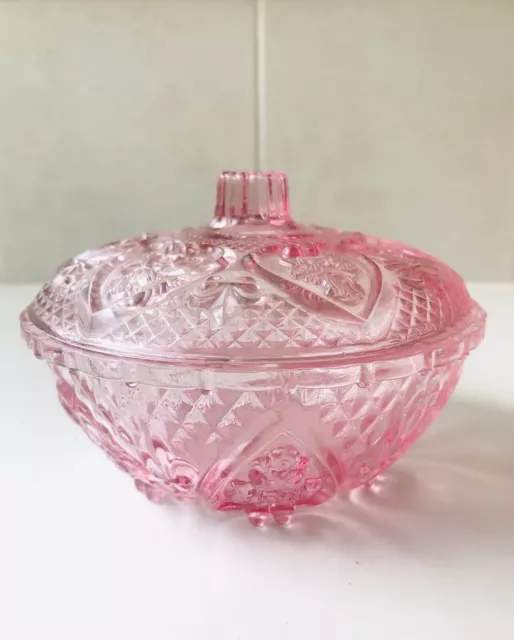 Pink Depression Glass Vintage Trinket Dish Bowl Lidded Candy Bon Bon Vanity Dish