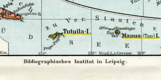 Samoa Inseln historische Landkarte Lithographie ca. 1907 antike Karte Geographie 9