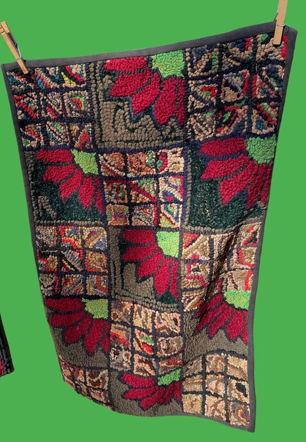 Antique American Hooked Rug  Poinsettia &Stained Glass Window 30” X 20”