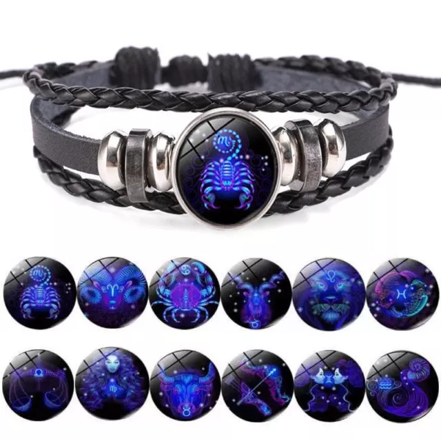 12 Zodiac Constellation Sign Braided Leather Luminous Bracelet Women Men Gift