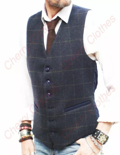 Mens Wool Blend Tweed Navy Blue Check Waistcoat Vest Gilet - S M L Xl Xxl 3xl