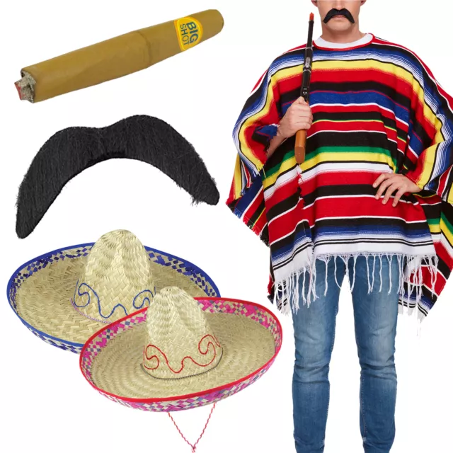 Adult Mexican Poncho Costume Set: Sombrero Hat Fancy Dress Moustache Men Women