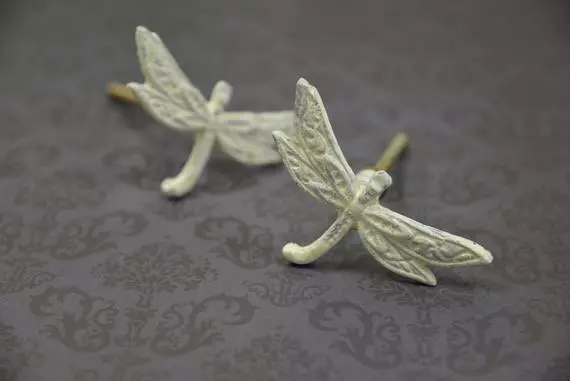 Shabby Chic White Painted Metal Dragonfly Drawer Pull | Iron Cabinet Knob