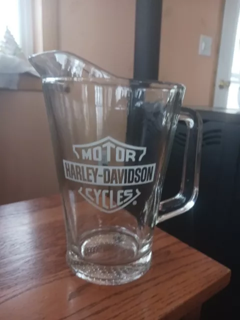 Harley-Davidson Motorcycles Etched Glass Beer Pitcher . Very Heavy.   3 Pounds