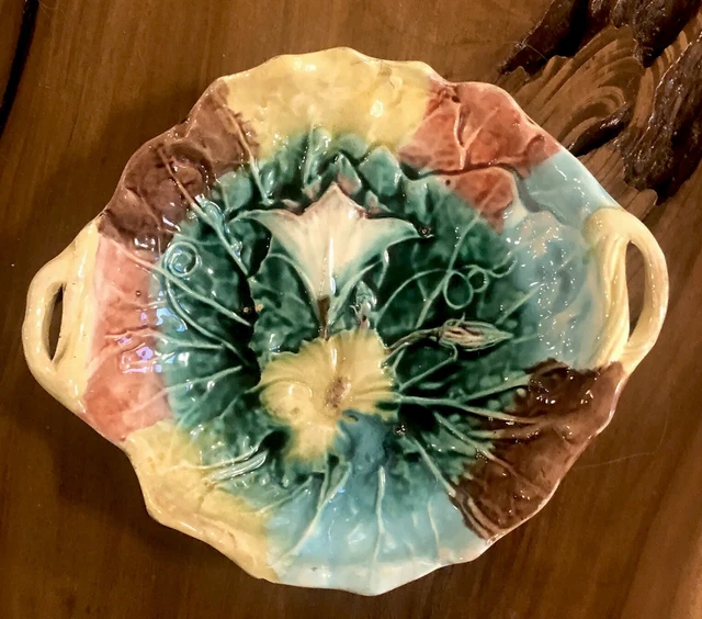 Antique English Victorian Majolica Handled Morning Glory Bowl Compote