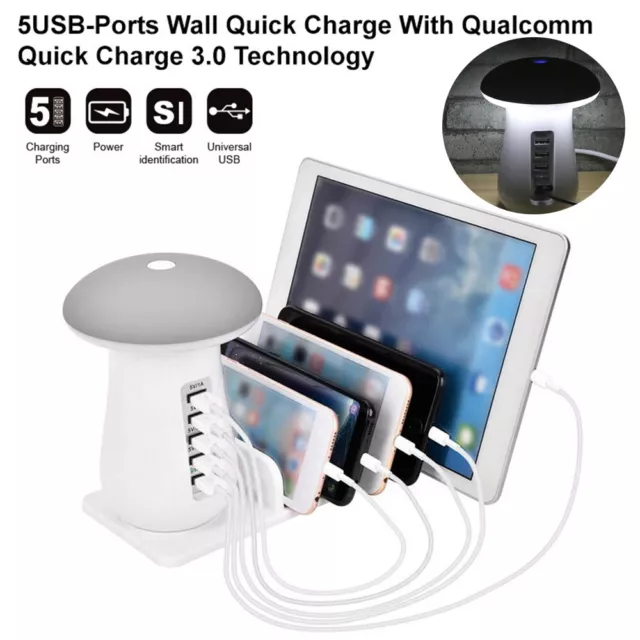 Multiple USB Charger Mushroom Night Lamp Charging 5 Ports Station Stand Dock UK