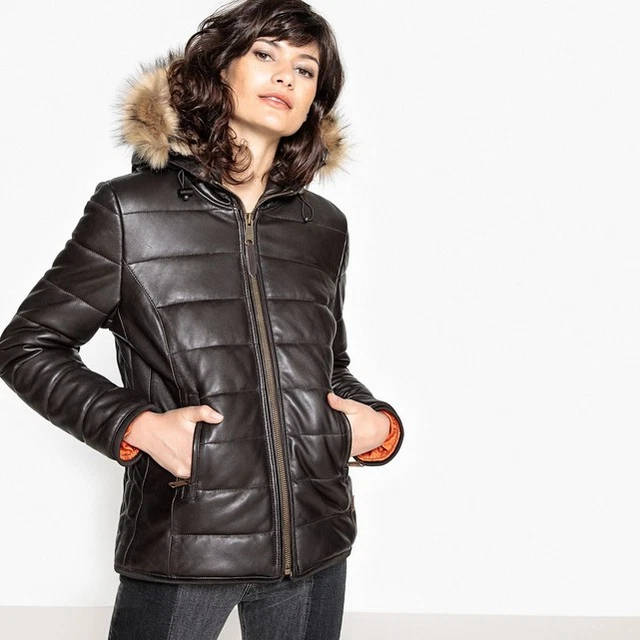 Blouson Bombardier à Capuche SCHOTT Femme - Cuir Mouton Retourné Noir Taille L