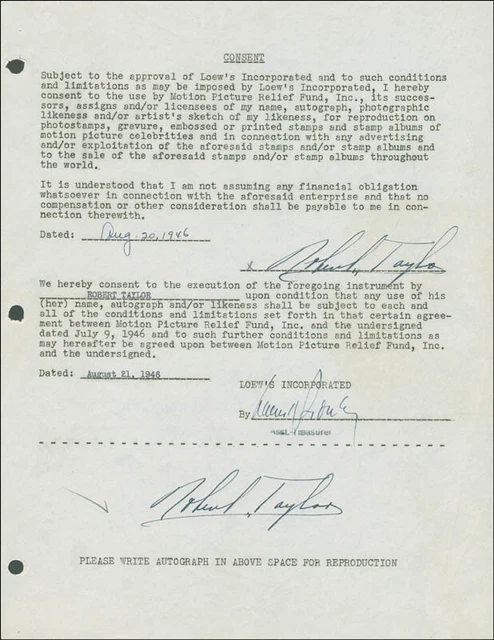 Robert Taylor - Document Double Signed 08/20/1946