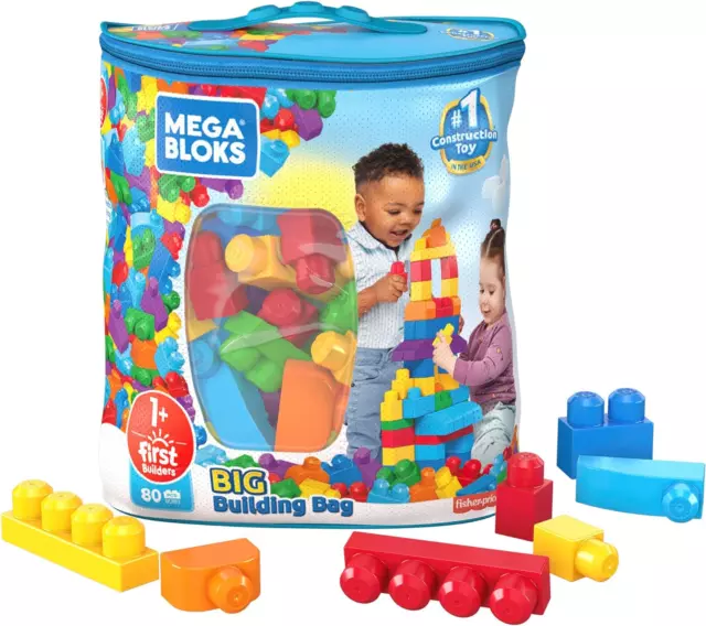 MEGA BLOKS Fisher-Price Toddler Block Toys, Big Building Bag with 80 Pieces and