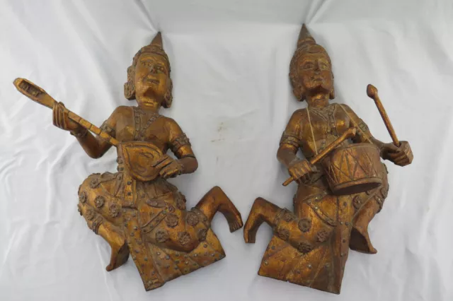 Vintage Thai Siamese Buddha Musician Drum & Guitar Carved Wood Wall Decor Set