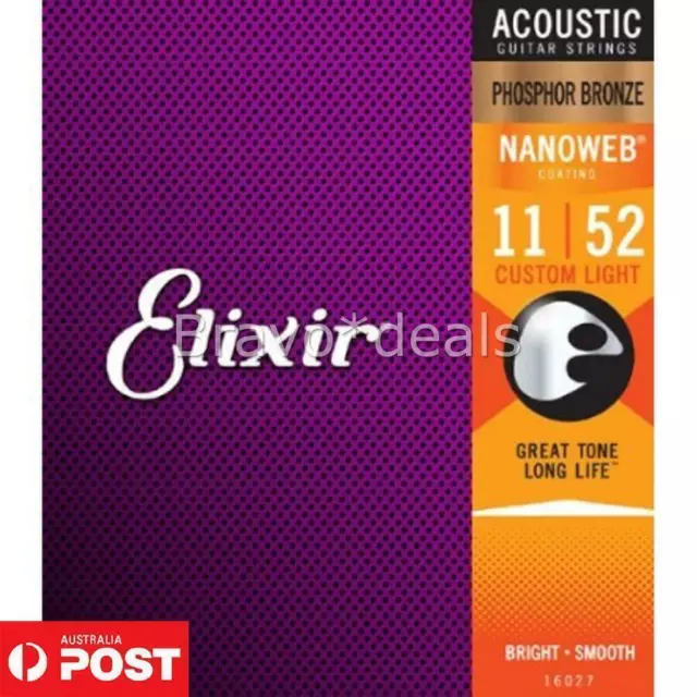 Elixir Nanoweb 11-52 Phosphor Bronze Acoustic GUITAR STRINGS Custom Light 16027