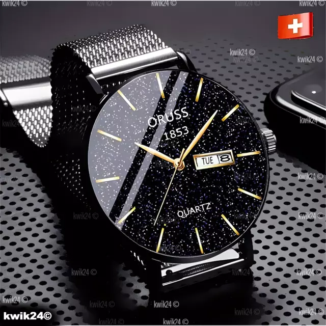 Acero Inoxidable Reloj de Pulsera Fecha Lujo para Hombres Cuarzo Negro 3