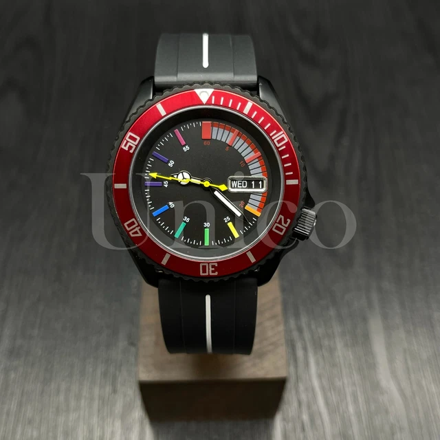 Custom Made Mods Watch SKX Style NH36 Auto Movement Red/SIL Rainbow Hours BK/WT
