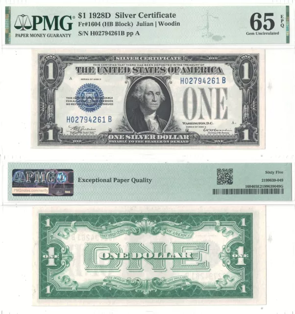 1928-D $1 Silver Certificate "Funny Back" Fr 1604 PMG Gem Uncirculated-65 EPQ