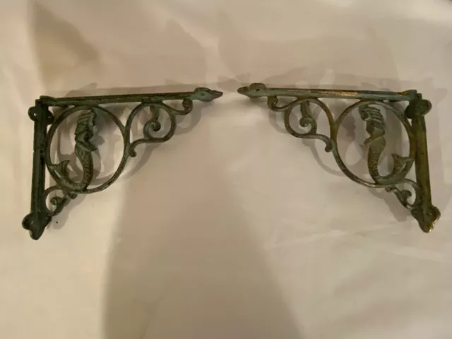 2 Mermaid GREEN Cast Iron WALL BRACKETS CORNER PLANT HANGERS shelf suppot brace