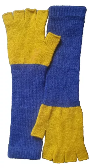 100% pure Scottish new wool fingerless long gloves arm warmer blue yellow