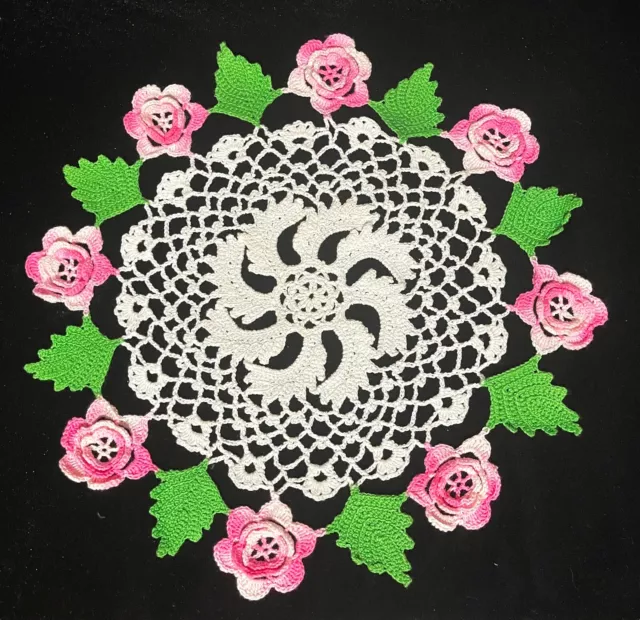 Vintage variegated Pink Raised Roses Doily Hand Crochet