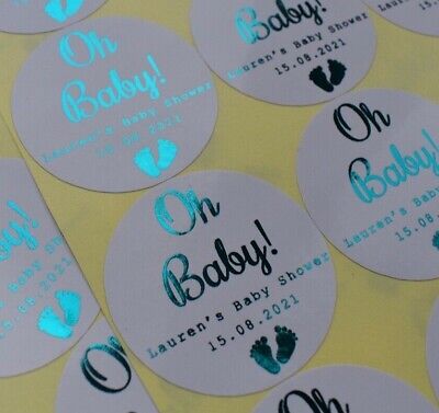 24x BABY SHOWER FOIL PERSONALISED ROUND STICKERS LABELS OH BABY PARTY BAG FAVOR