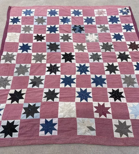 Antique Vintage Pink Lemoyne 8 Point Star Calico Hand Stitched Patchwork Quilt