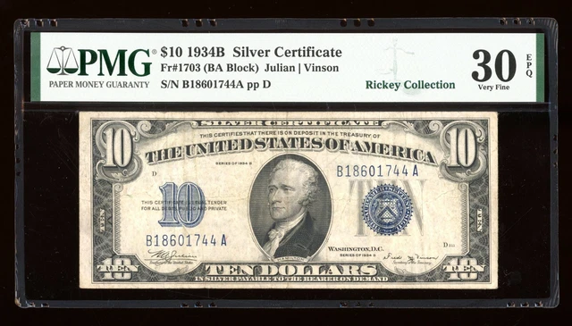DBR 1934-B $10 Silver Vinson Fr. 1703 PMG 30 EPQ Serial B18601744A