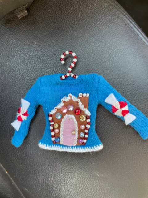 Michael Simon Ugly Christmas SWEATER BLUE GINGERBREAD HOUSE  beautiful ORNAMENT